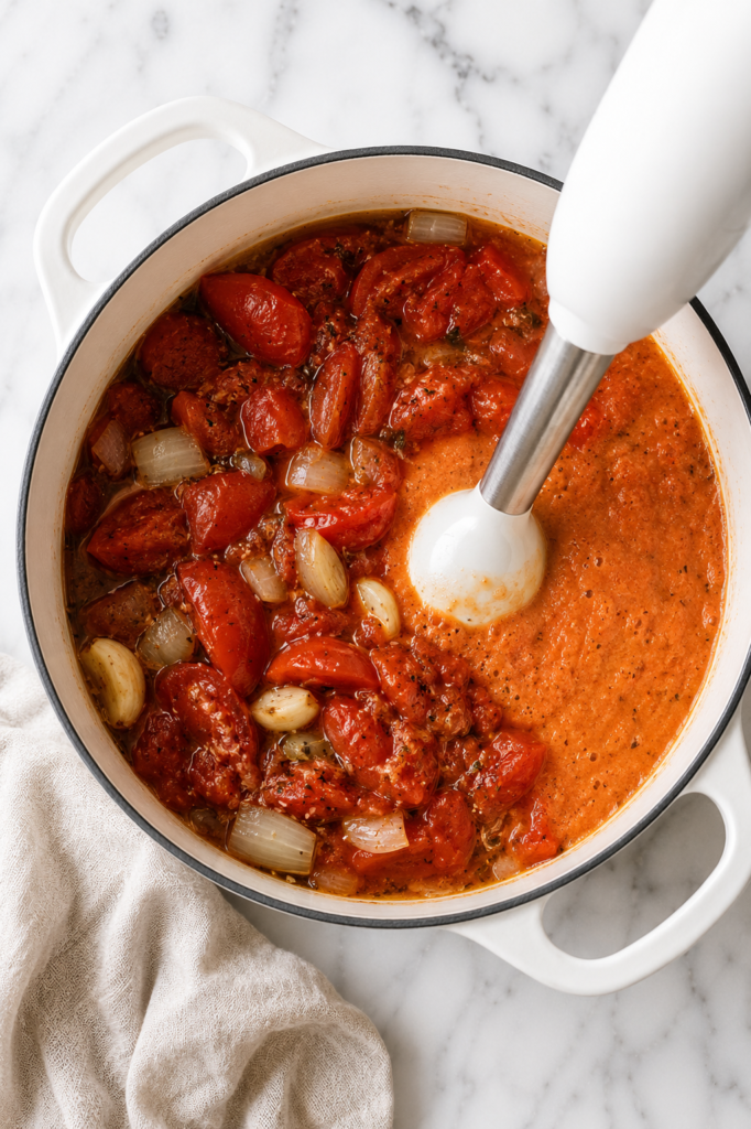 A white immersion blender pureeing roasted tomatoes, onions, garlic, and herbs in a white enamel Dutch oven on a white marble countertop.
