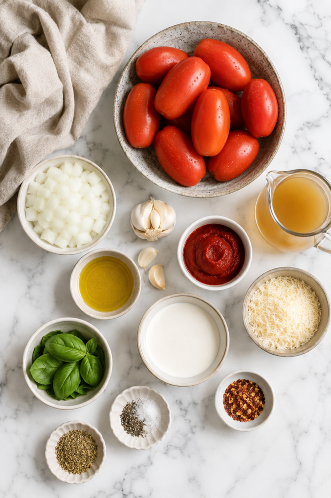 Flat lay of ingredients for homemade Better Than Panera Roasted Tomato Soup on a white marble countertop.
