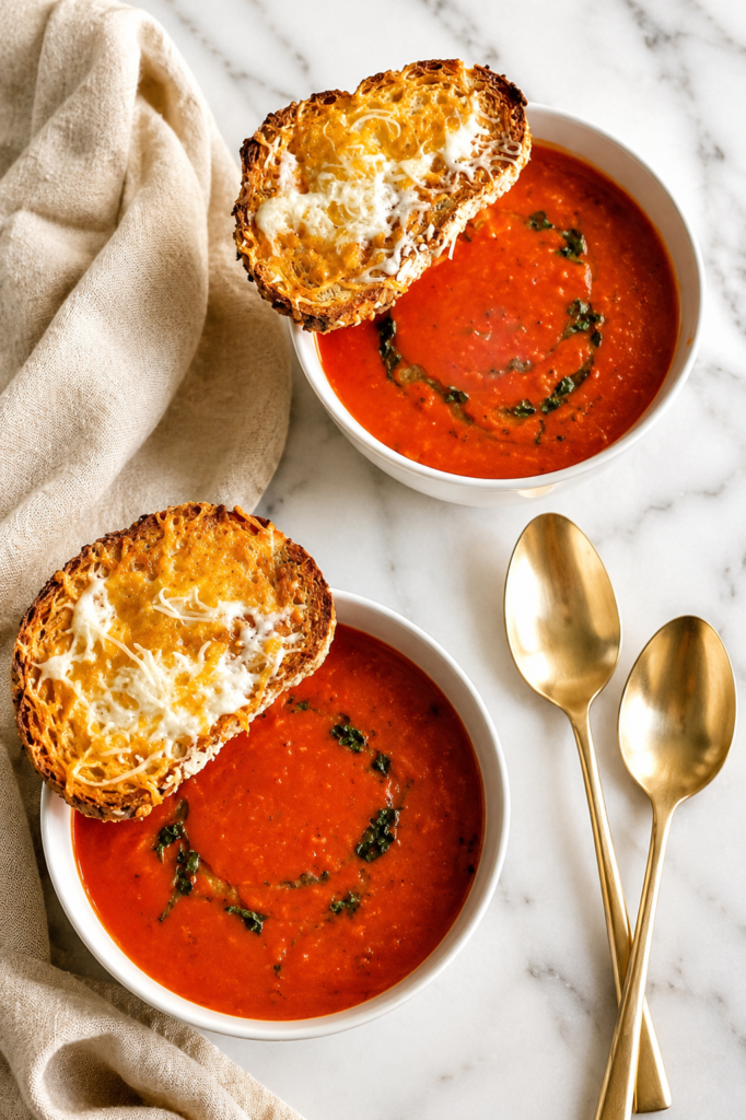 Creamy Better Than Panera Roasted Tomato Soup served in white bowls with cheesy toast on a marble countertop.