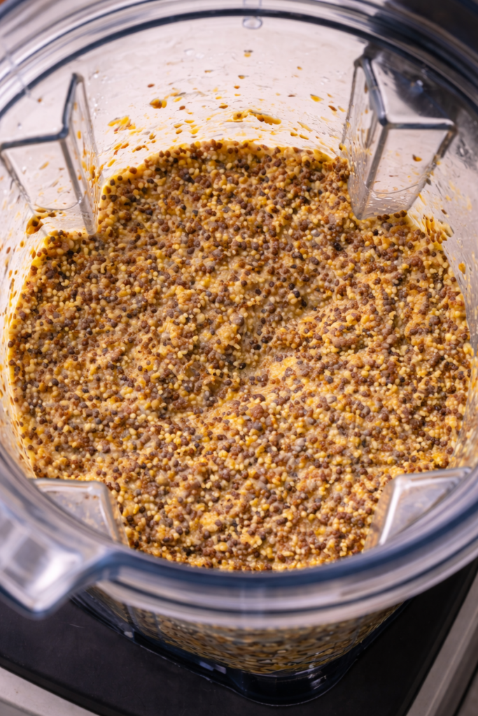 Close-up of homemade coarse-ground mustard blending inside a blender with visible mustard seeds