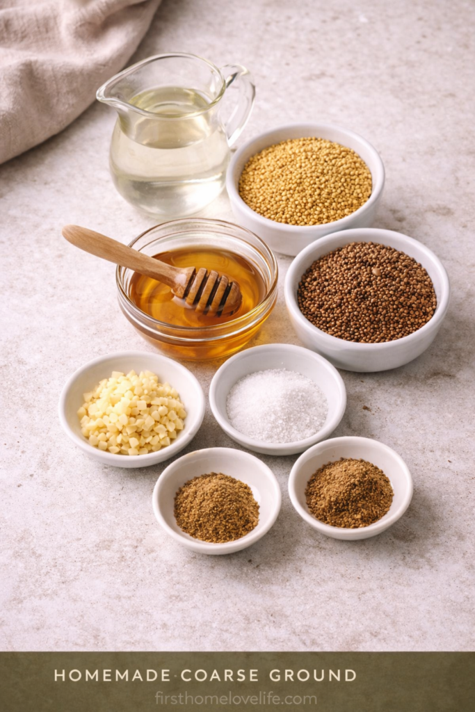 Ingredients for homemade coarse-ground mustard arranged in small white bowls on a neutral background