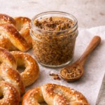 Homemade coarse-ground mustard in a glass jar with soft pretzels and a wooden spoon on a neutral background