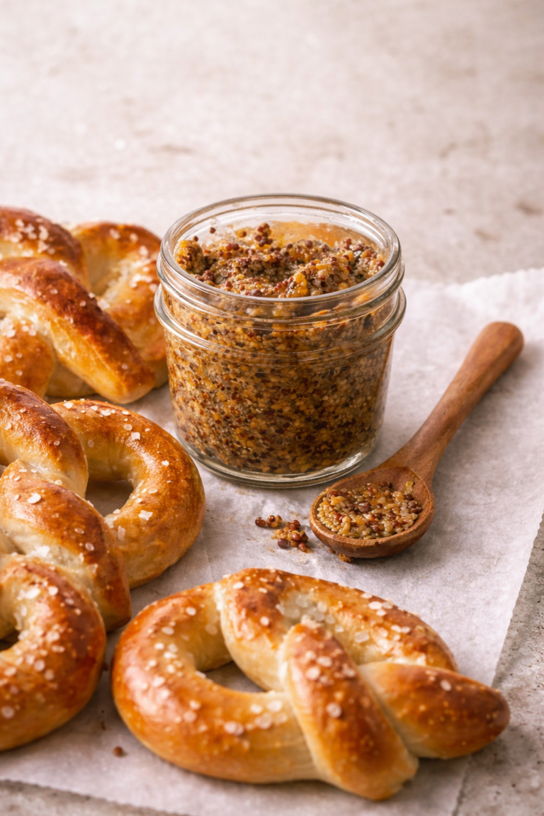 Homemade coarse-ground mustard in a glass jar with soft pretzels and a wooden spoon on a neutral background