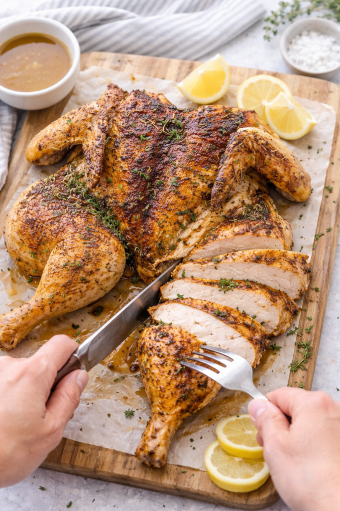 Slicing lemon thyme spatchcock chicken on a cutting board with crispy golden skin