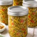 Six mason jars filled with homemade old-fashioned zucchini relish on a white rustic table.