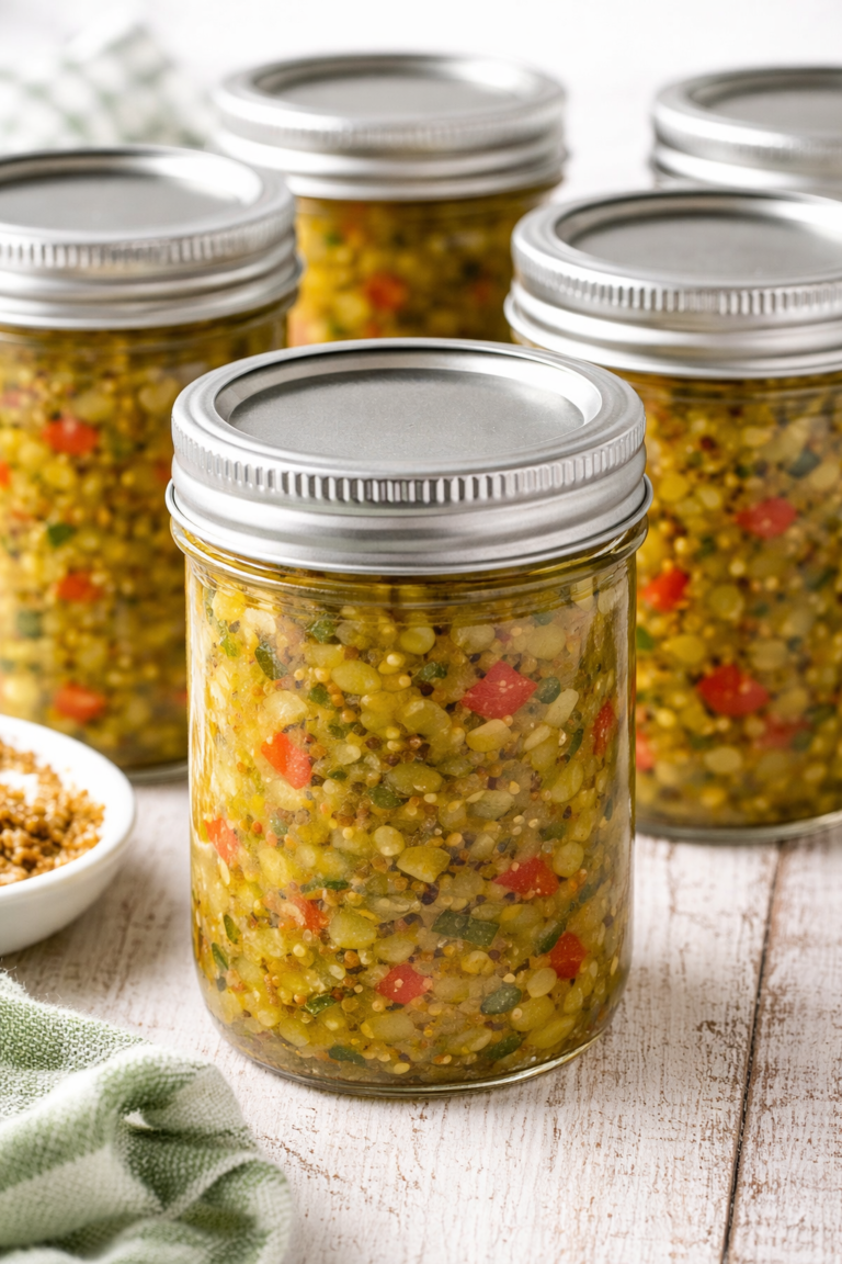 Six mason jars filled with homemade old-fashioned zucchini relish on a white rustic table.