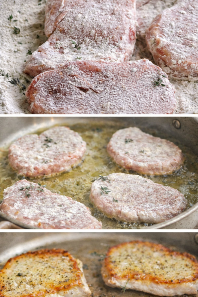 Pork chops dredged in seasoned flour, then seared in a skillet until golden brown for pork marsala