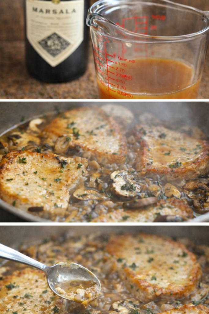 Marsala wine and broth added to skillet pork chops with mushrooms as the sauce simmers and thickens