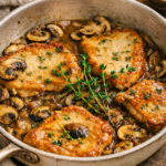 Pork Marsala with mushrooms and shallots simmered in a rich Marsala wine sauce in a rustic skillet