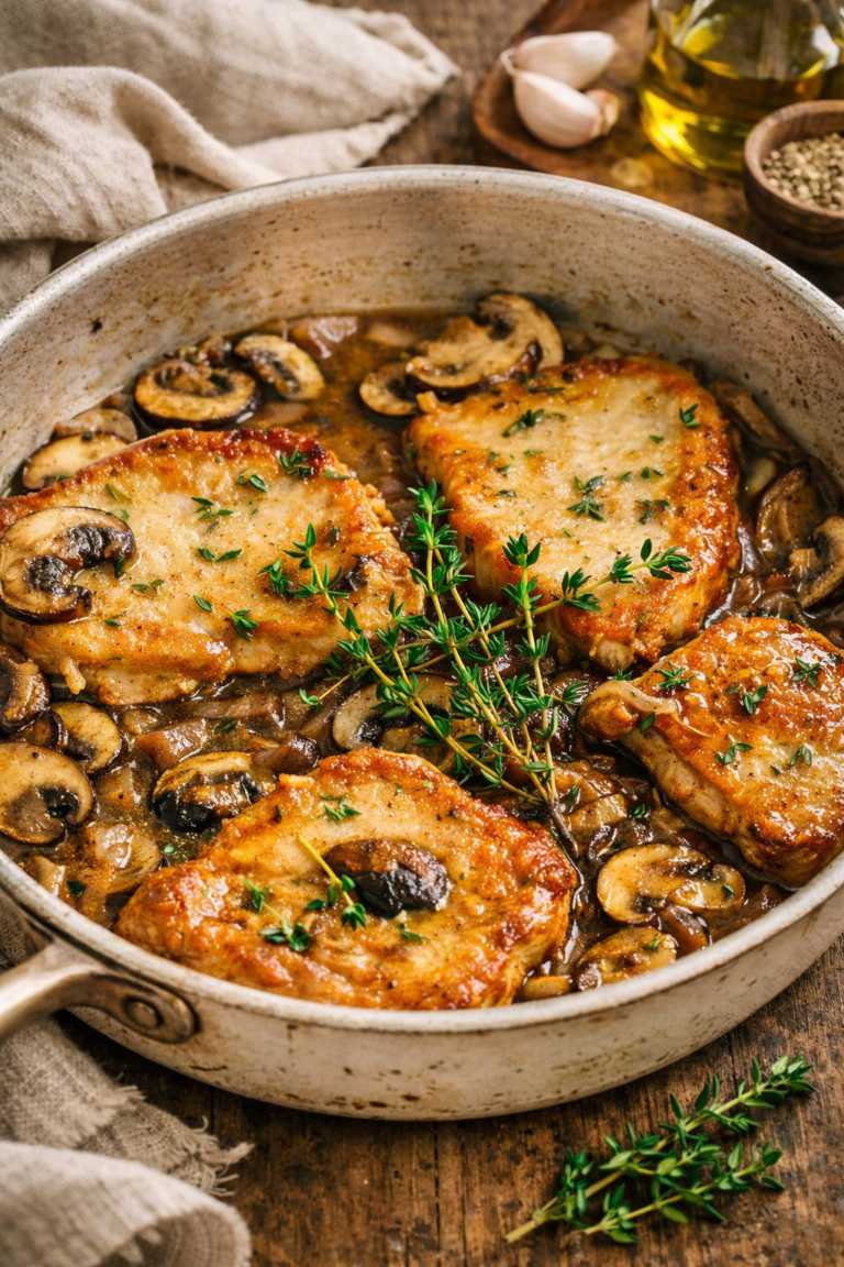 Pork Marsala with mushrooms and shallots simmered in a rich Marsala wine sauce in a rustic skillet