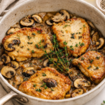 Golden pan-seared pork chops simmered in a creamy mushroom marsala sauce with fresh thyme in a rustic skillet on a white marble countertop.