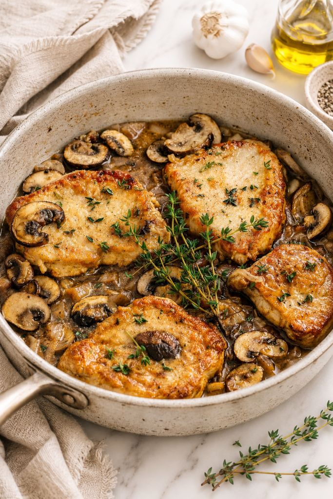 Golden pan-seared pork chops simmered in a creamy mushroom marsala sauce with fresh thyme in a rustic skillet on a white marble countertop.