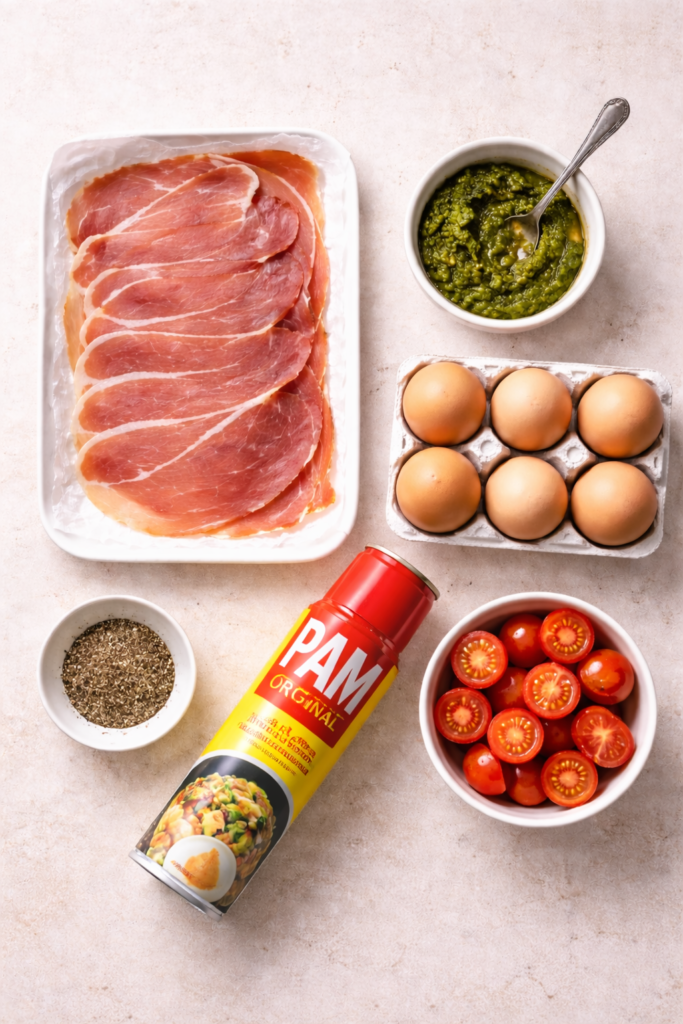 Flat lay of ingredients for prosciutto-wrapped baked eggs including prosciutto, eggs, pesto, cherry tomatoes, black pepper and cooking spray