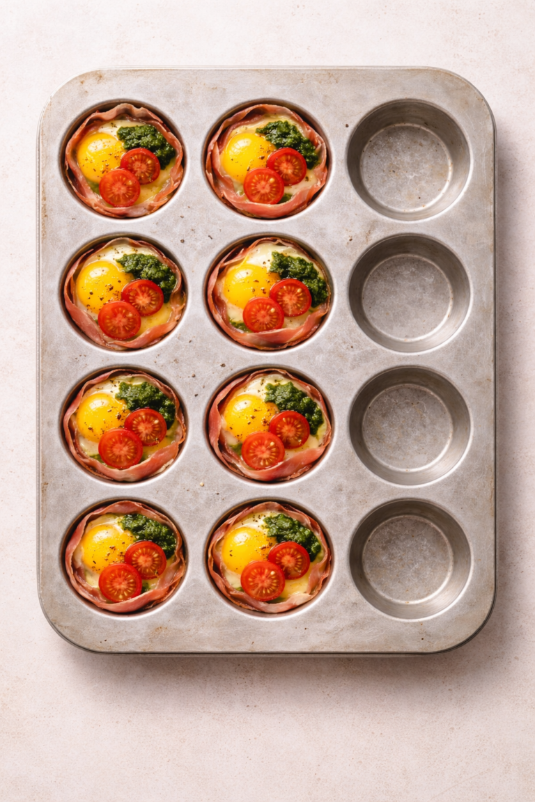 Prosciutto-wrapped baked eggs in a muffin tin with pesto and cherry tomatoes