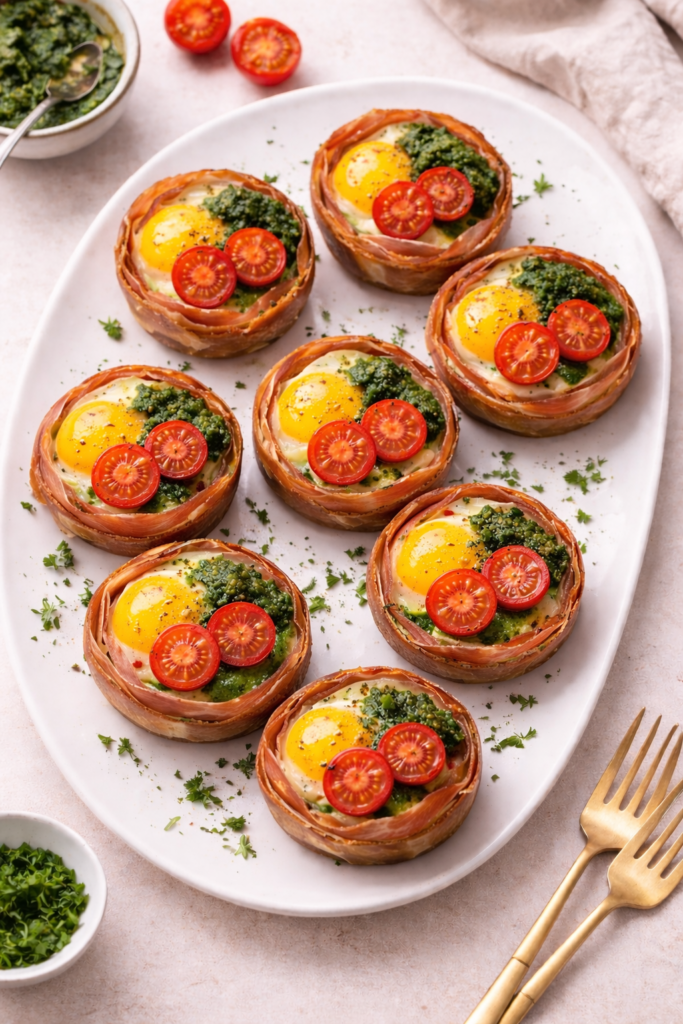 Prosciutto-wrapped baked eggs served on a white platter topped with pesto and cherry tomatoes