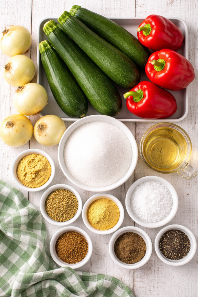 Flat lay of fresh zucchini, onions, red bell peppers, vinegar, sugar, salt, and spices for homemade zucchini relish.