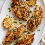 Juicy grilled lemon Dijon chicken breasts on a white serving platter with charred lemons on a marble countertop.