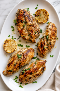 Juicy grilled lemon Dijon chicken breasts on a white serving platter with charred lemons on a marble countertop.