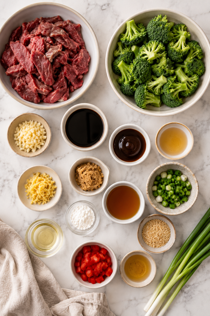 Flat lay of ingredients for Chinese beef and broccoli including sliced beef, fresh broccoli, soy sauce, oyster sauce, garlic, ginger, sesame oil, cornstarch, green onions, and sesame seeds.