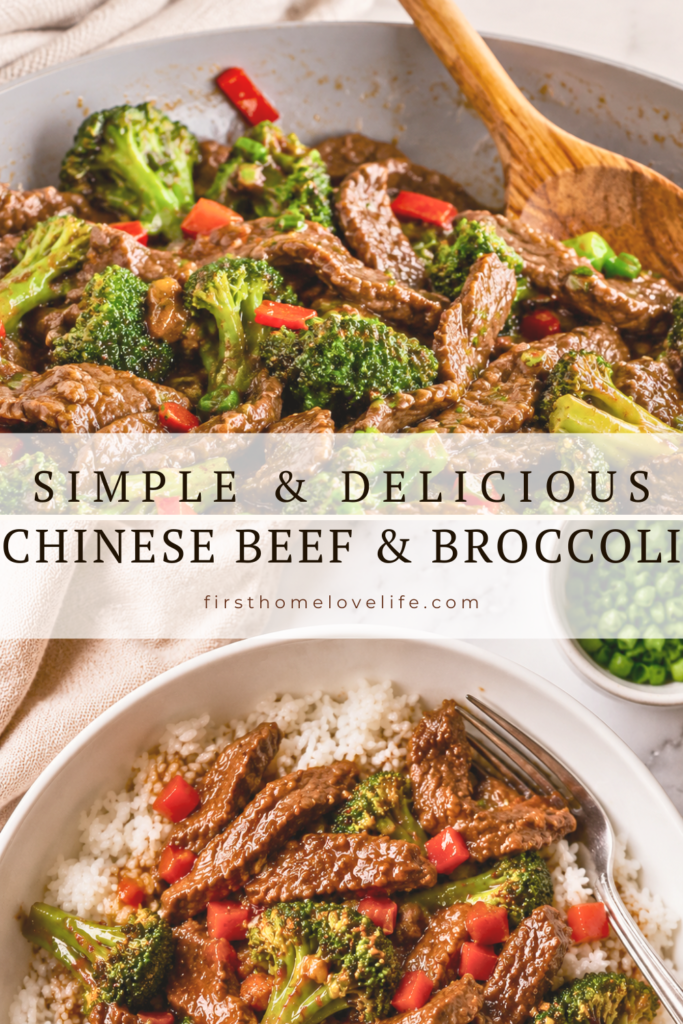 White bowl filled with fluffy jasmine rice and homemade Chinese beef and broccoli stir fry with diced red peppers and a savory garlic ginger sauce.