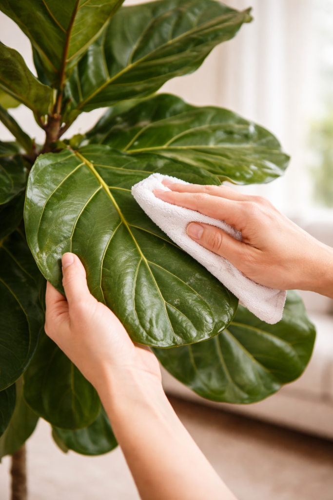Hands gently wiping a fiddle leaf fig leaf with a soft cloth indoors