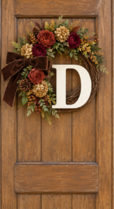 DIY fall monogram wreath with an ivory letter D, burgundy and rust flowers, antique-gold florals, pinecones, greenery, and a brown velvet bow on a wood front door.