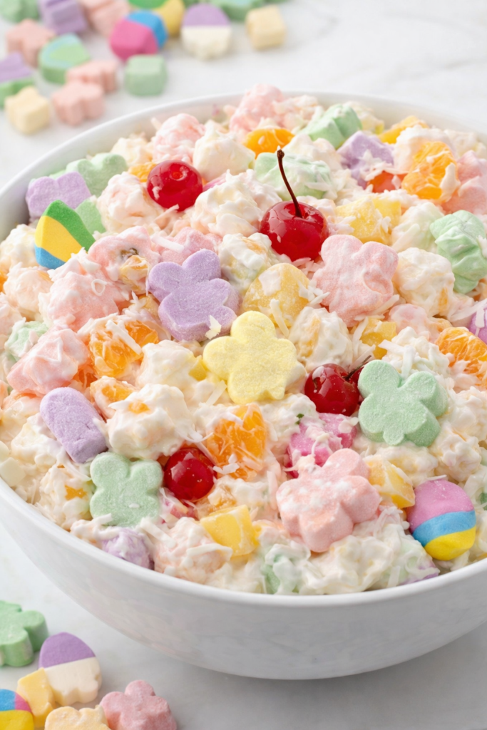 Close up of creamy Easter ambrosia salad with pastel bunny marshmallows, mandarin oranges, pineapple, coconut, and maraschino cherries