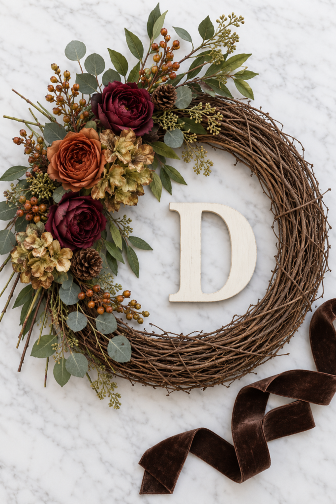 Faux burgundy and rust flowers, antique-gold blooms, greenery, pinecones, and berry stems loosely arranged on a grapevine wreath beside an ivory letter D and brown velvet ribbon.