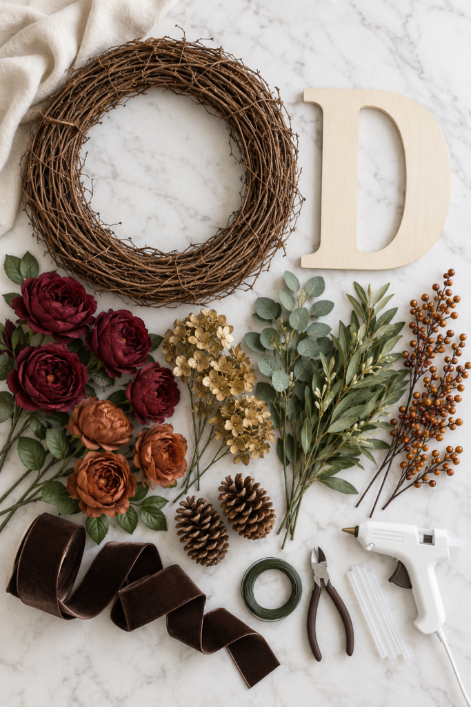 Flat lay of supplies for a DIY fall monogram wreath, including a grapevine wreath, wooden letter D, burgundy and rust flowers, antique-gold florals, greenery, berries, pinecones, brown velvet ribbon, floral wire, wire cutters, and a hot glue gun.