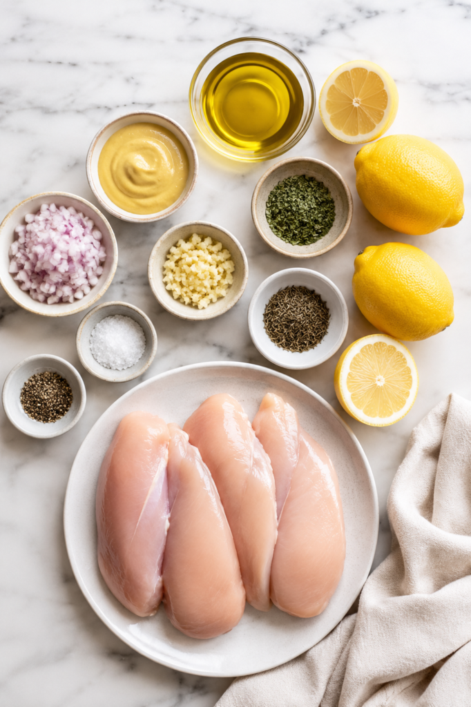 Flat lay of raw chicken breasts with lemons, Dijon mustard, olive oil, garlic, shallots, herbs, salt, and pepper on a marble countertop.
