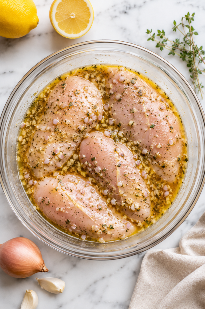 Raw chicken breasts marinating in a lemon Dijon garlic herb marinade inside a large glass bowl on a white marble countertop.