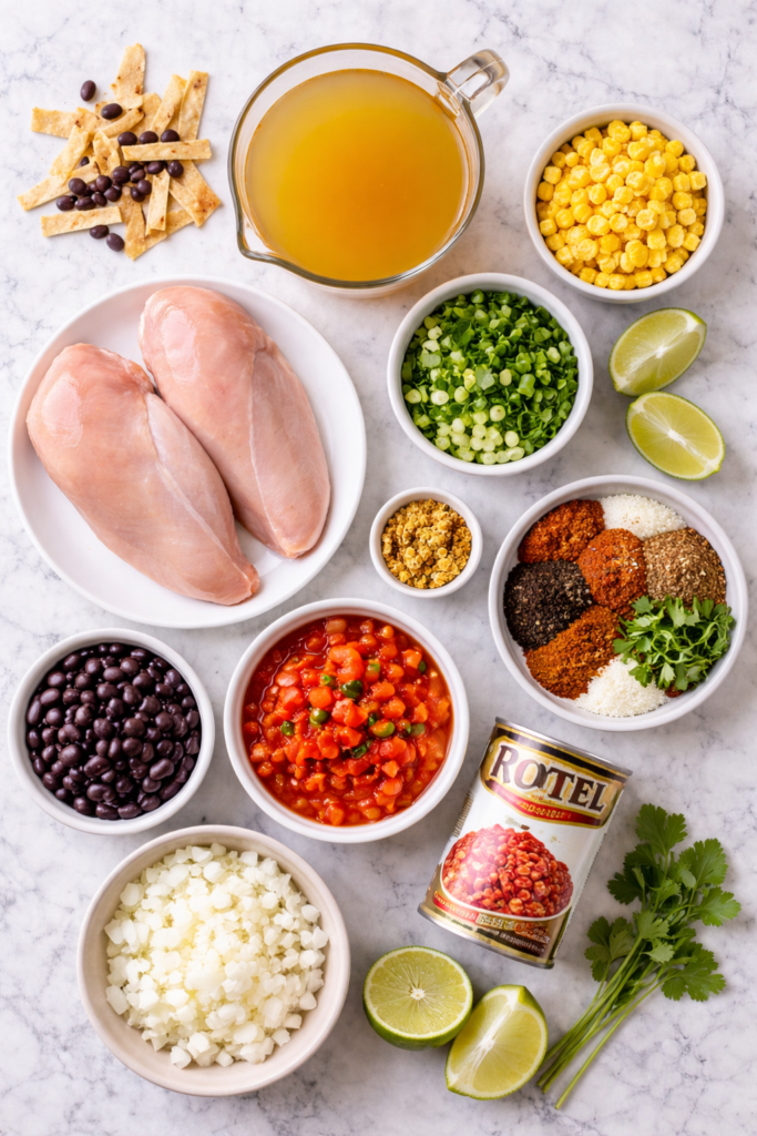 Flat lay of ingredients for crockpot chicken tortilla soup including raw chicken breasts, black beans, corn, diced tomatoes, chicken broth, spices, lime, and cilantro on a white marble surface.