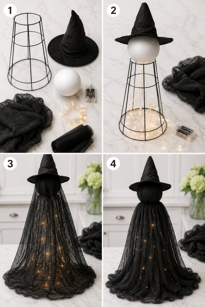 Step-by-step collage showing how to make DIY light-up Halloween witches using a tomato cage, foam ball, fairy lights, black gauze fabric, and a witch hat.