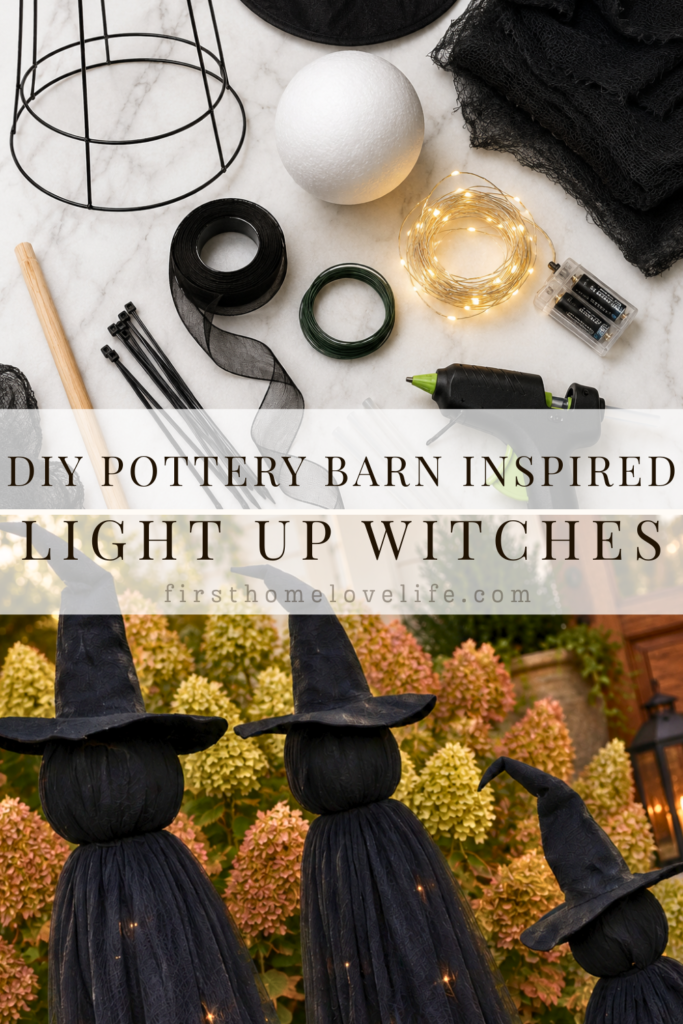 Pinterest collage showing the supplies needed to make DIY Pottery Barn inspired light-up Halloween witches and the finished glowing black witches displayed in front of blooming Limelight hydrangeas in fall.
