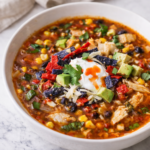 Easy crockpot chicken tortilla soup topped with avocado, tortilla strips, sour cream, and cilantro in a white bowl on a marble countertop.