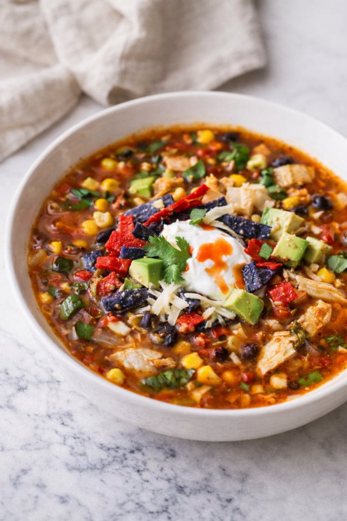 Easy crockpot chicken tortilla soup topped with avocado, tortilla strips, sour cream, and cilantro in a white bowl on a marble countertop.
