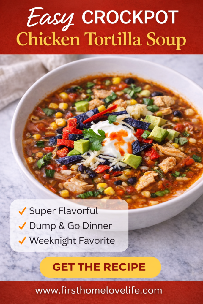 Pinterest graphic for easy crockpot chicken tortilla soup featuring a bowl of tortilla soup with toppings and recipe title text overlay.