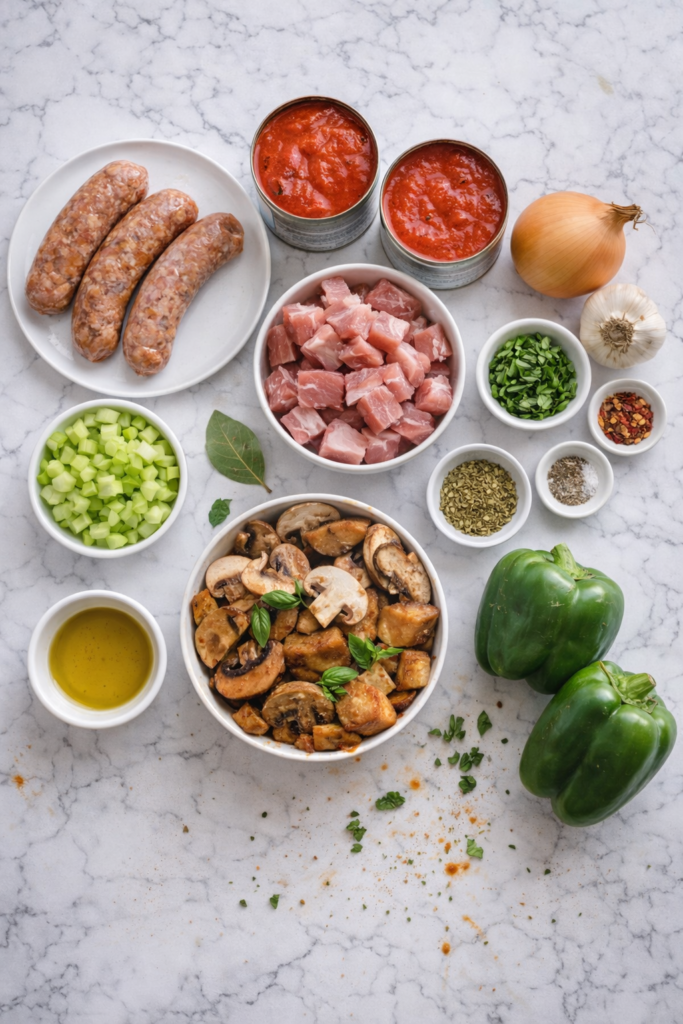 Flat lay of ingredients for Italian mushroom stew with pork and sausage on a marble countertop, including mushrooms, sausage, pork loin, peppers, onion, garlic, tomato sauce, and herbs.