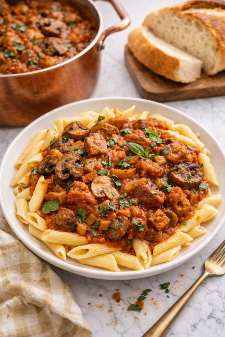 Italian mushroom stew with pork and sausage served over penne pasta with a copper pot and loaf of Italian bread in the background.