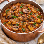 Italian mushroom stew with pork and sausage in a copper pot on a marble countertop, garnished with fresh basil.