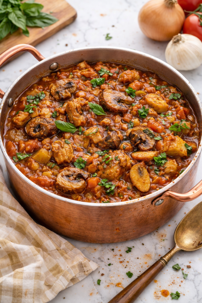 Italian mushroom stew with pork and sausage in a copper pot on a marble countertop, garnished with fresh basil.