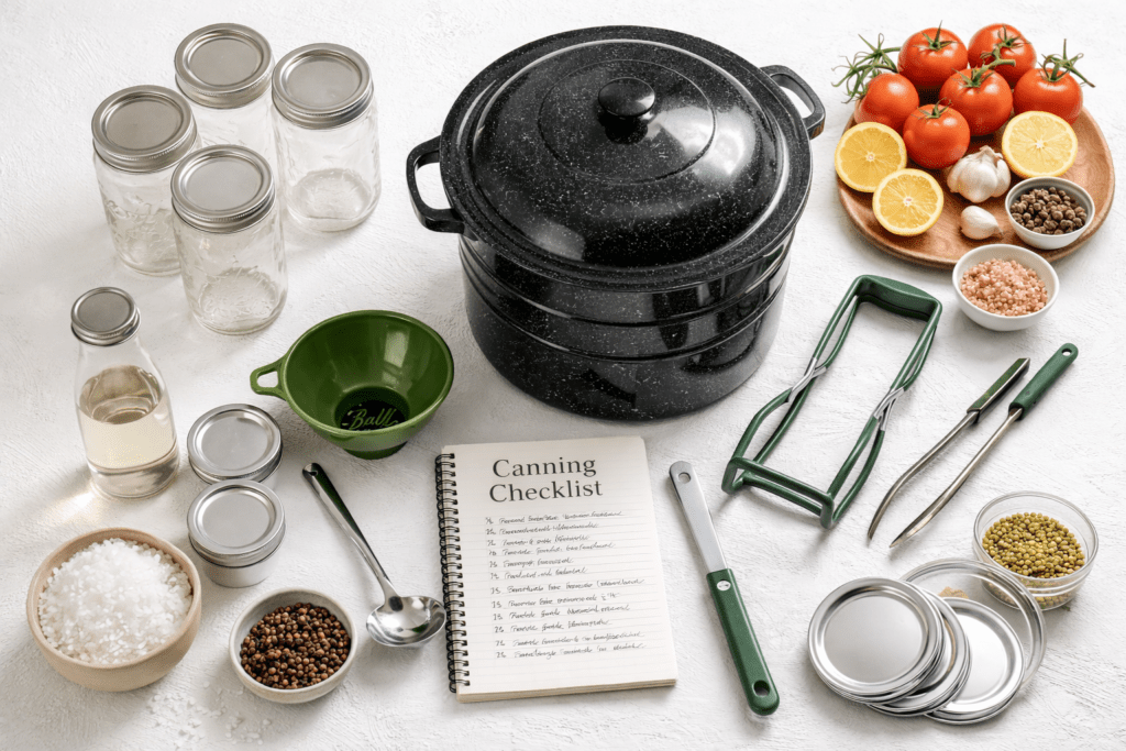 Flat lay of canning supplies for beginners including water bath canner, mason jars, lids, funnel, jar lifter, and basic tools on a light farmhouse background.