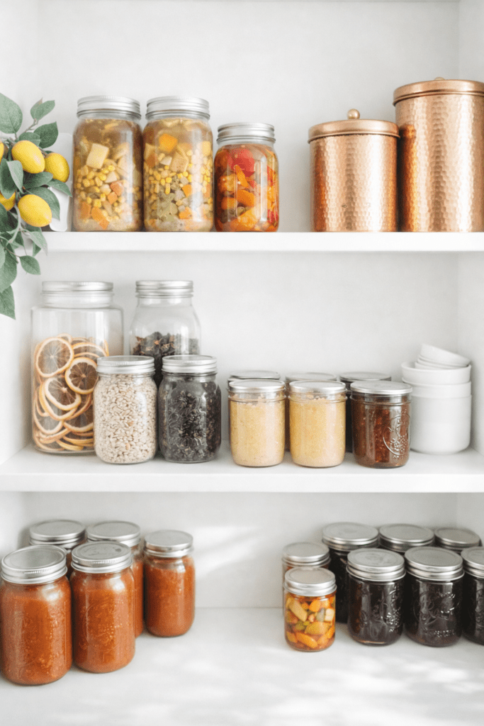 Clean girl aesthetic pantry shelves with neatly organized glass canning jars, homemade jams, pickled vegetables, and copper canisters in a bright white kitchen.