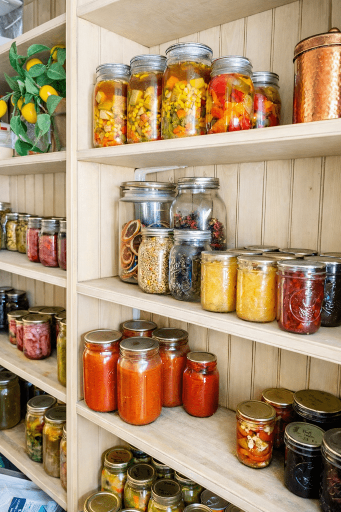 Creamy off white pantry shelving unit filled with glass jars of home canned vegetables, jams, tomato sauce and pickled produce.