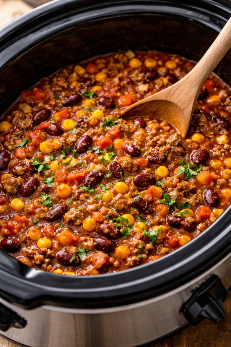 Crockpot taco chili cooking in a slow cooker with ground beef, beans, corn, and tomatoes