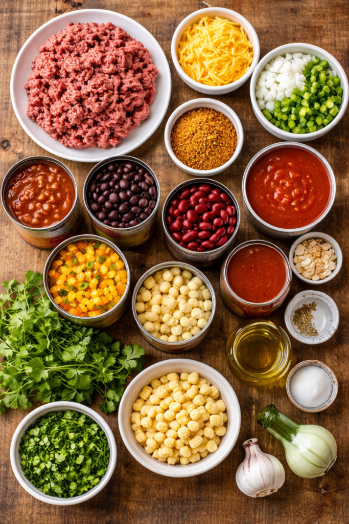 Flat lay of ingredients for crockpot taco chili including ground beef, beans, corn, tomatoes, enchilada sauce, onion, and taco seasoning