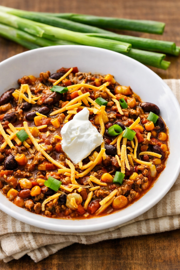 Crockpot taco chili with ground beef, beans, corn, shredded cheddar cheese, sour cream, and green onions in a white bowl