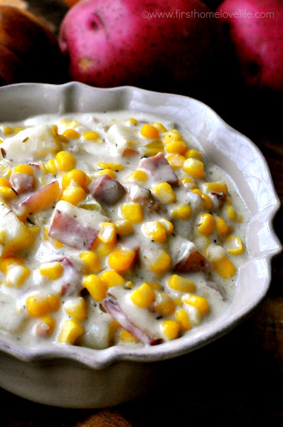 delicious potato and corn chowder with ham