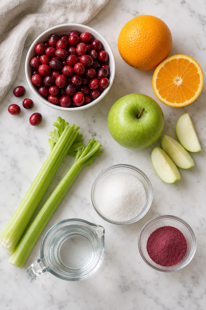 Fresh cranberry relish ingredients including cranberries, orange, Granny Smith apple, celery, sugar, raspberry gelatin, and water.