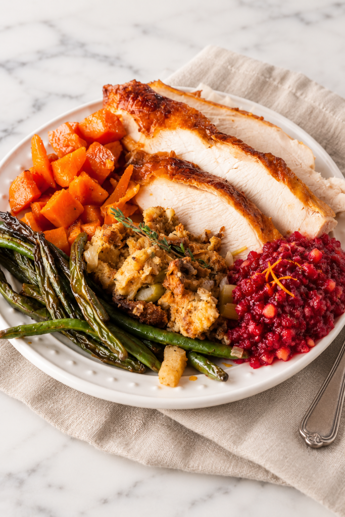 Fresh cranberry relish served with roasted turkey, stuffing, sweet potatoes, and green beans on a Thanksgiving dinner plate.